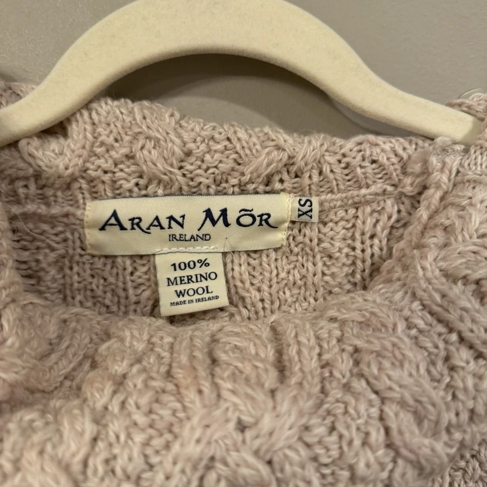 Aran Mor Wool Asymmetrical Cableknit Sweater Ireland XS Ivory Cozy